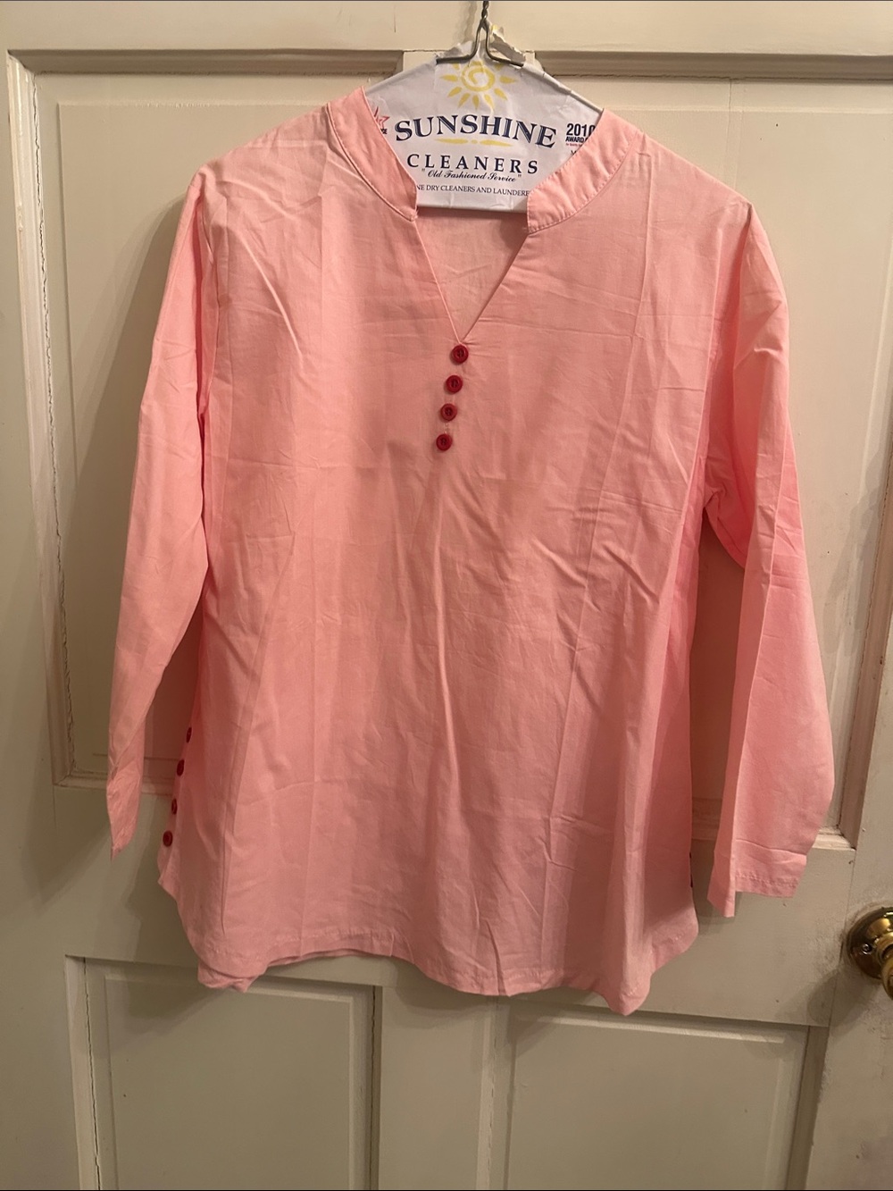 Pink Long-Sleeve V-Neck Shirt with Button Detail